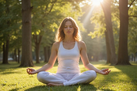 Mujer joven meditando en posición de loto en un entorno tranquilo y natural, simbolizando el bienestar.