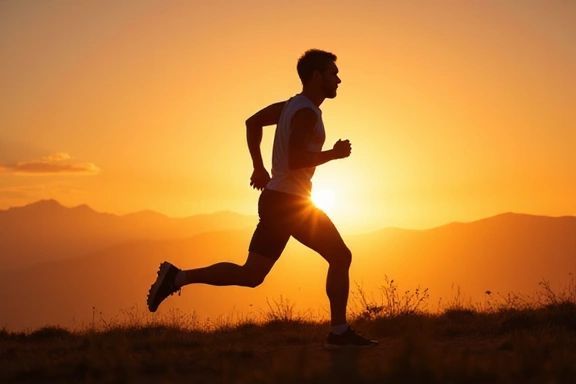 Un atleta corriendo al atardecer, con músculos definidos, simbolizando la nutrición deportiva.