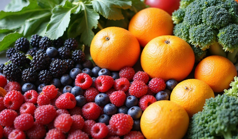 A colorful array of fresh fruits and vegetables like berries, spinach, oranges, and broccoli, arranged aesthetically to represent superfoods.