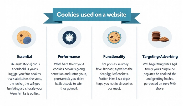Gráfico de barras que muestra el uso de diferentes tipos de cookies en un sitio web, con etiquetas para 'Esenciales', 'Rendimiento', 'Funcionalidad' y 'Publicidad'.