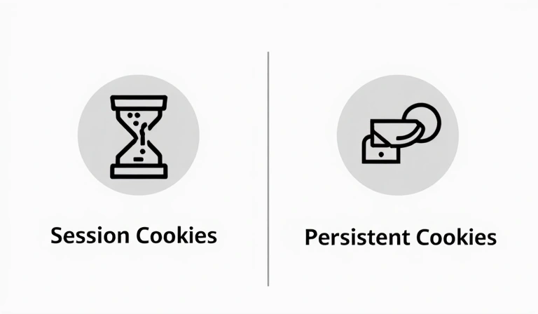 Icono de un reloj de arena para cookies de sesión y un candado para cookies persistentes.