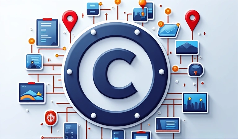 Icono de derechos de autor con elementos gráficos y de diseño, simbolizando propiedad intelectual