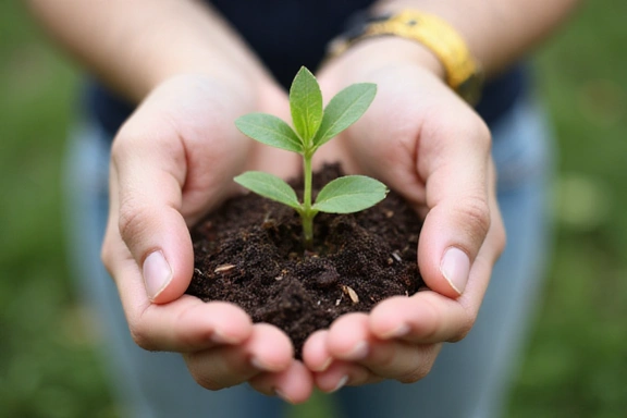 Manos sosteniendo una pequeña planta verde, simbolizando bienestar, equilibrio y salud