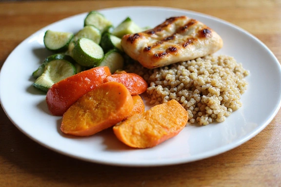 Plato de comida saludable y equilibrada con verduras, proteínas y carbohidratos
