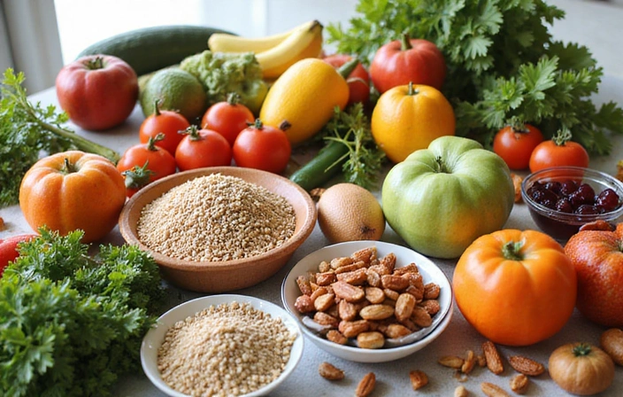 Variedad de alimentos saludables en una mesa, representando nutrición consciente