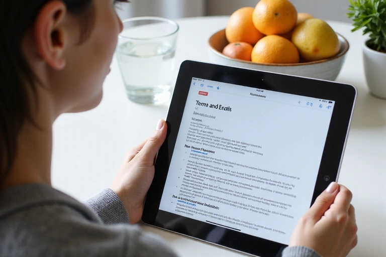 A person reading terms and conditions on a tablet with a healthy snack and water bottle nearby, symbolizing conscious choices.